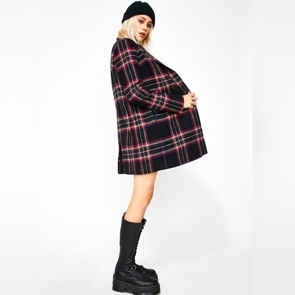 Dolls Kill Current Mood Mutual Disrespect Plaid Wool Pea Coat L - Picture 5 of 16